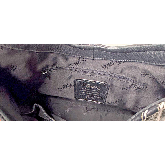 Fossil Black Pebbled Leather Shoulder Bag Purse Hobo Tote w/ Buckle & Contrast S - Picture 7 of 13